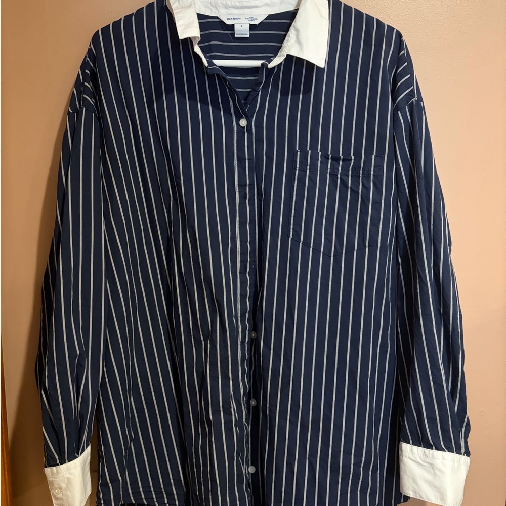Old Navy Navy and White Striped Women's Button Down Shirt